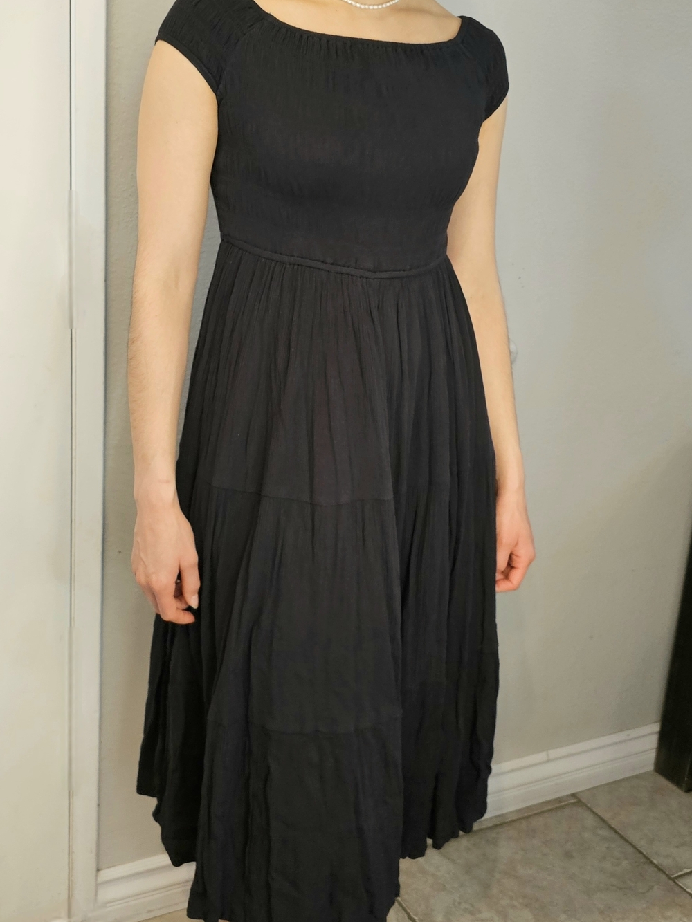 OAK + FORT Classic Black Off Shoulder Crinkled Midi Dress with Smocked Bodice